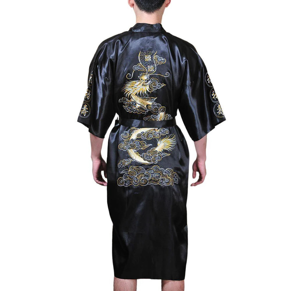 Satin Sleepwear Gown for Men, Chinese Dragon Design, Silk Kimono Bathrobe, M 2XL, Available in Multiple Colors