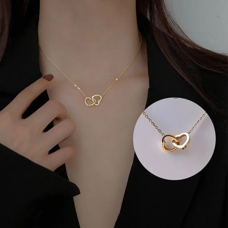 Simple Double Heart Pendant Necklace for Women Couple Zinc Alloy Choker Gold Color Chain Wedding Party Friends Jewelry Gift