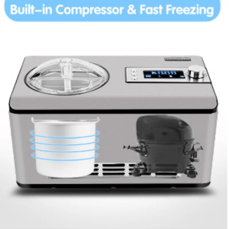 Home Kitchen Ice Cream Maker with Compressor, No Pre-Freezing, Stainless Steel Ice Cream Maker Machine with LCD Display, Timer