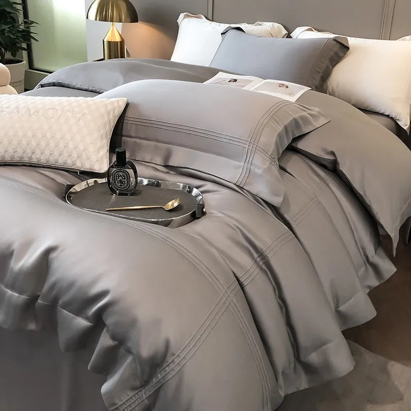 Solid Grey Linens Frame Duvet Cover with Zipper Ties 4Pcs 600TC Eucalyptus Lyocell Soft Cooling Quilt cover Bed Sheet Pillowcase