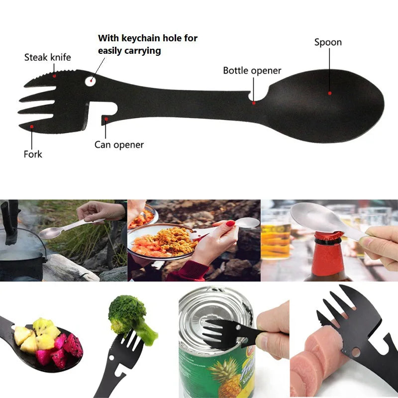 Outdoor Survival Tools 5 in 1 Camping Multi-functional EDC Kit Practical Fork Knife Spoon Bottle/Can Opener Camping Hiking Gear