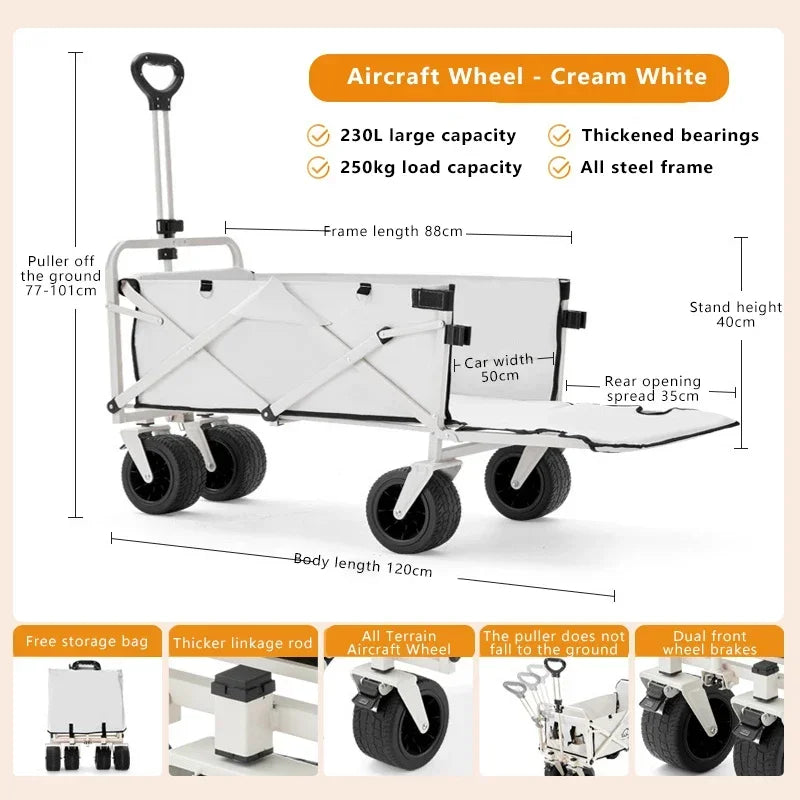 Outdoor multifunctional adjustable cart 180L large capacity foldable outdoor camping cart beach handle picnic cart