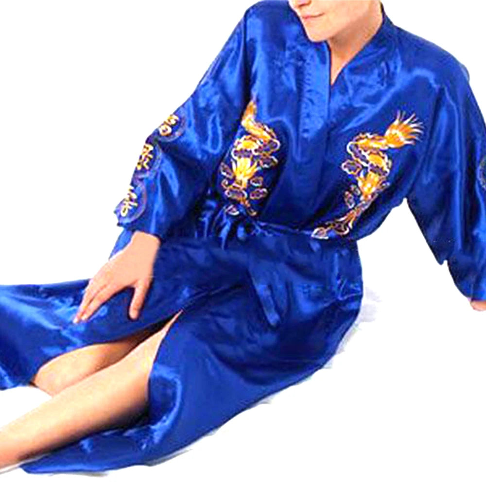 Satin Sleepwear Gown for Men, Chinese Dragon Design, Silk Kimono Bathrobe, M 2XL, Available in Multiple Colors