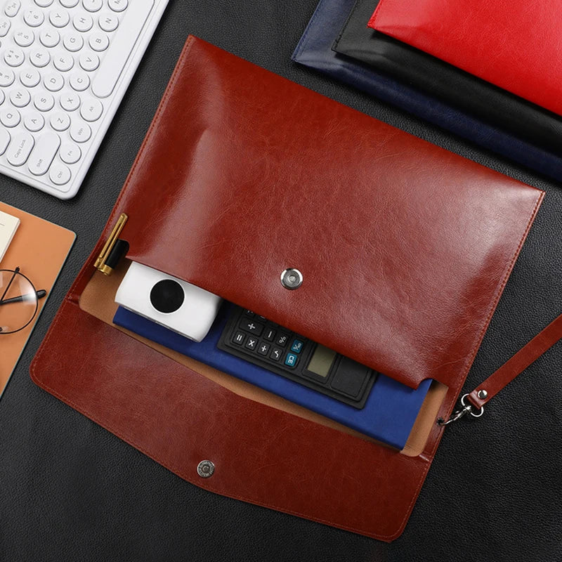 A4 Leather Briefcase Pouch University File Folder Snap Page Document Bag Pasta A4 Office Supplies Paperwork Portfolio Organizer