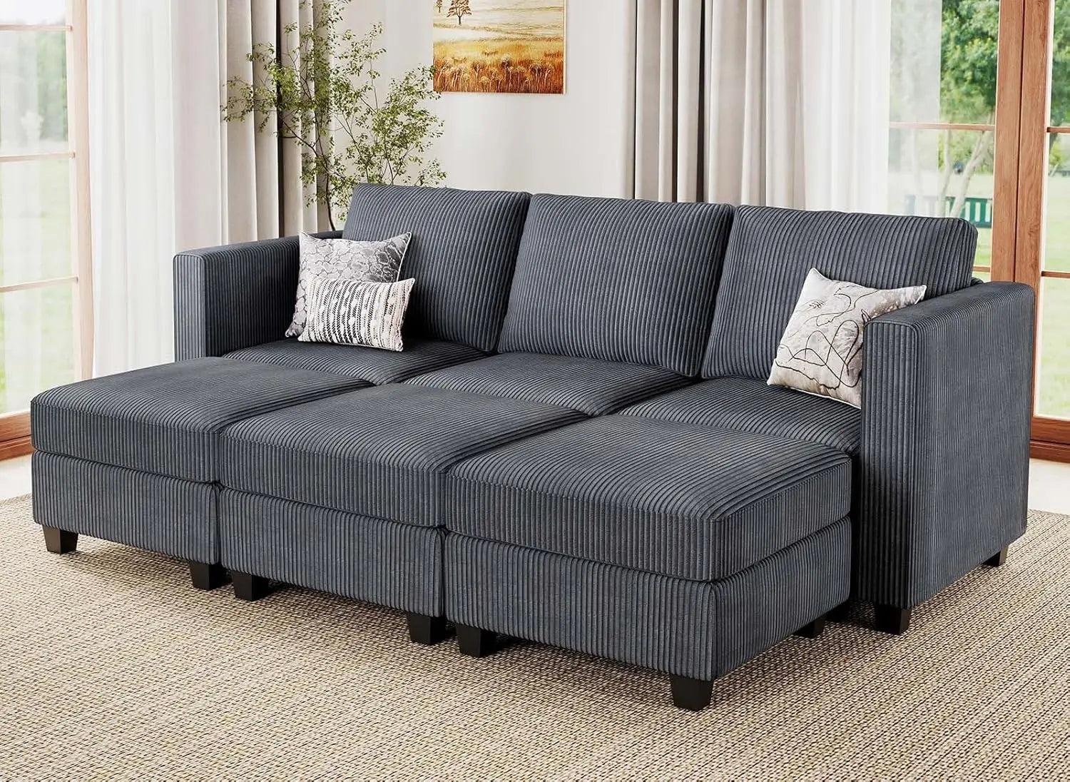 Corduroy Sectional Sleeper Sofa with Storage Ottoman