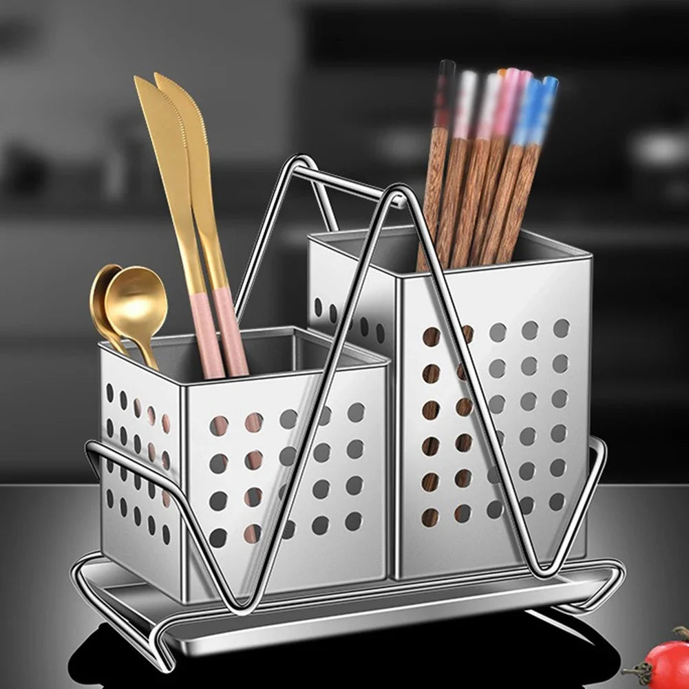 Stainless Steel Cutlery Holder Knives And Forks And Chopstick Draining Basket Draining Holes Design Kitchen Utensils Rack