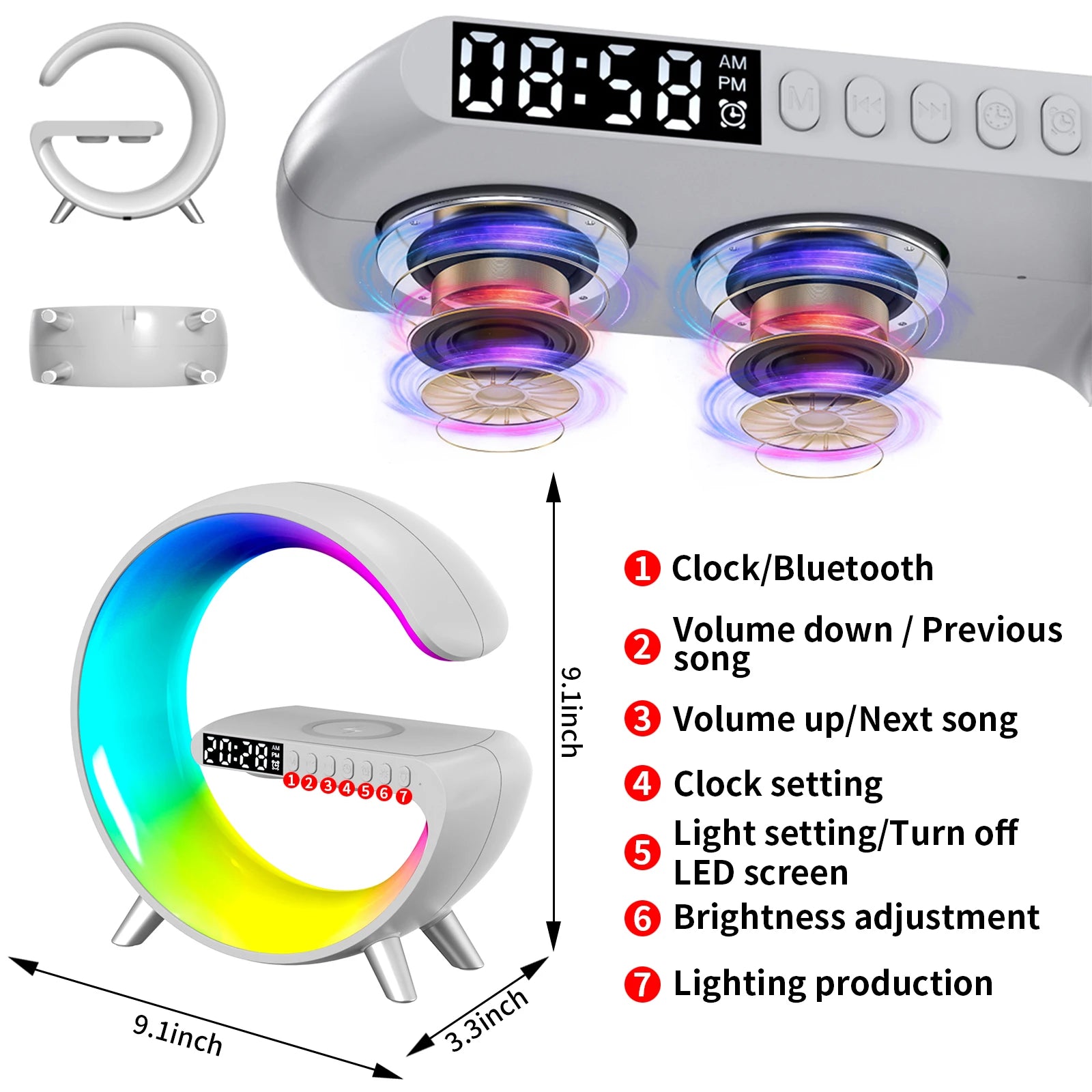 GANXIN Smart Sunrise Hatch Alarm Clock, Fast Wireless Charger Intelligent Atmosphere Lamp, RGB Night Light Bluetooth Speaker AP