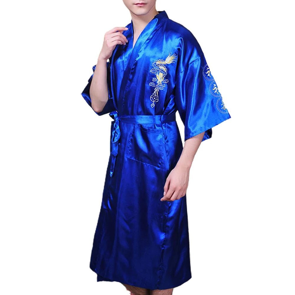 Satin Sleepwear Gown for Men, Chinese Dragon Design, Silk Kimono Bathrobe, M 2XL, Available in Multiple Colors