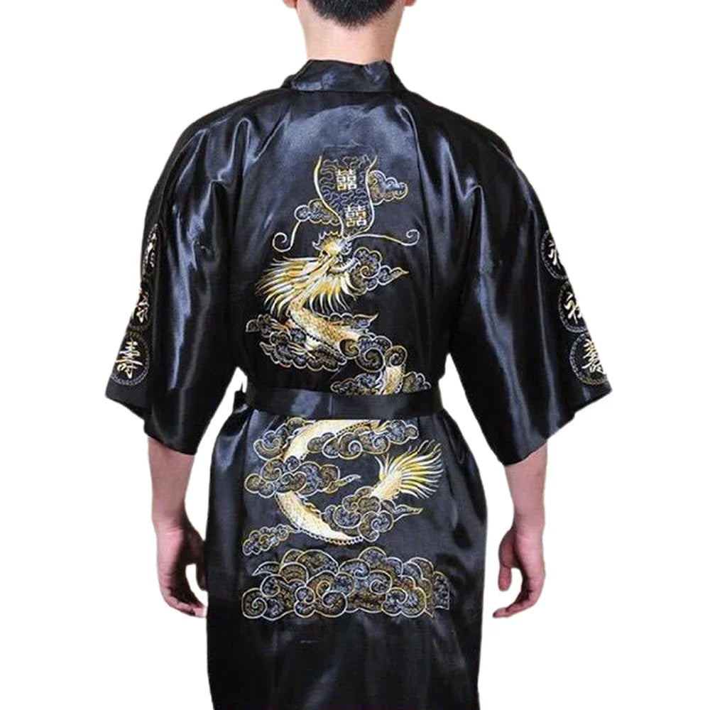 Satin Sleepwear Gown for Men, Chinese Dragon Design, Silk Kimono Bathrobe, M 2XL, Available in Multiple Colors