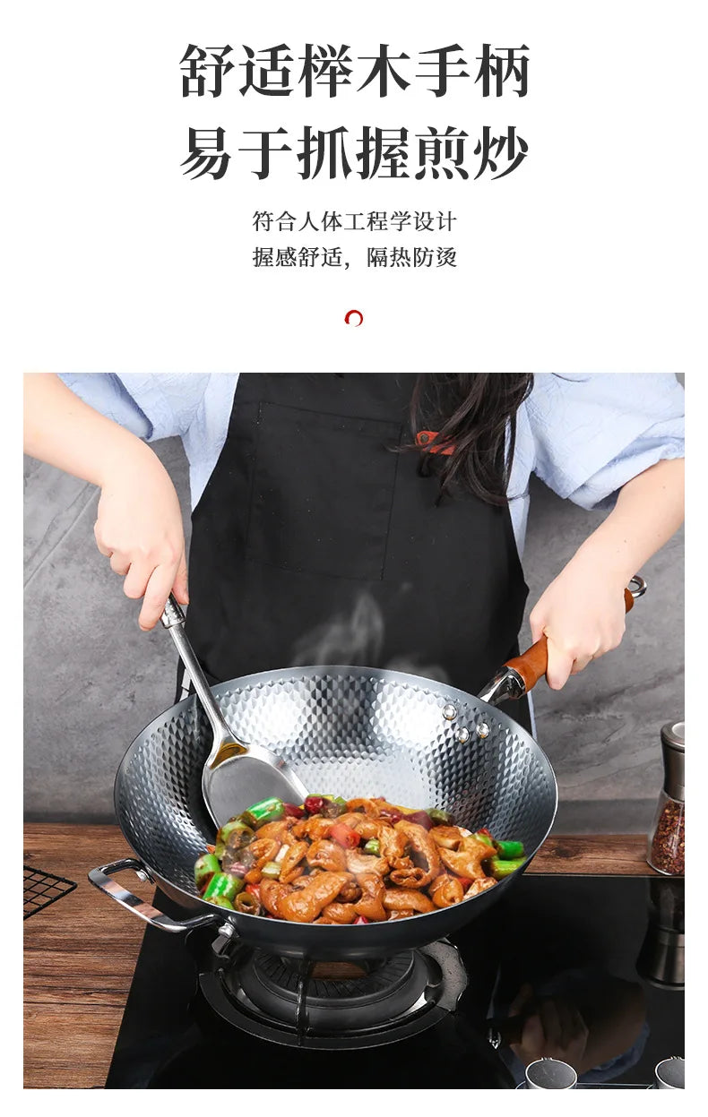 32cm Hand-forged Iron Wok household cooking pot uncoated Cookware Non-stick Thickened Iron Wok High-end Frying Pan