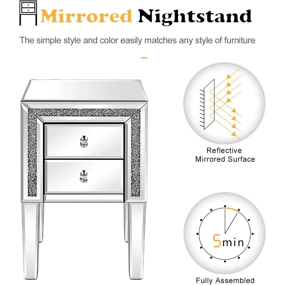 Mirrored Nightstand – Silver Glass End Table with Storage