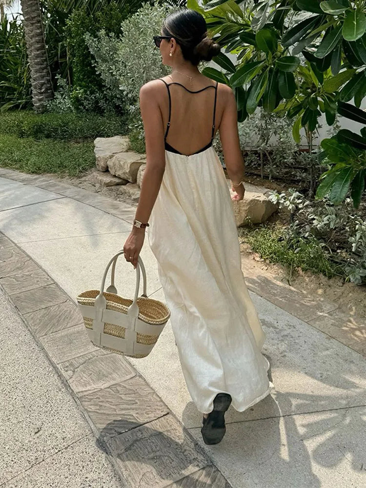 Contrast Splicing Loose Sling Long Dresses Women Square Collar Sleeveless Backless High Waist Dress 2024 Summer Lady Street Robe