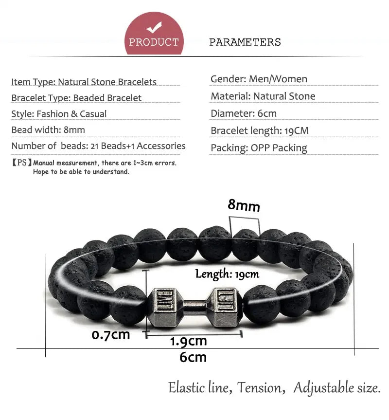 Lava Bracelet Black Volcanic Stone black Matte Dumbbell Beads Bracelets For Women Men Fitness Barbell Jewelry Mens Bracelets