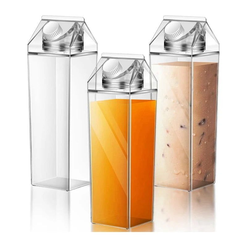 3 Pcs 1000Ml Milk Water Bottle Square Plastic Coffee Milk Bottle Portable Reusable Leakproof Juice Bottle For Camping