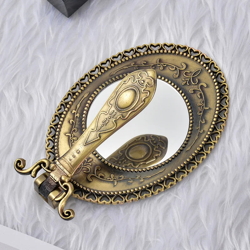 Mini Mirror with Handle Luxury Vintage Handheld Household European Style Makeup Mirror Retro Metal Folding Hand Mirror Portable