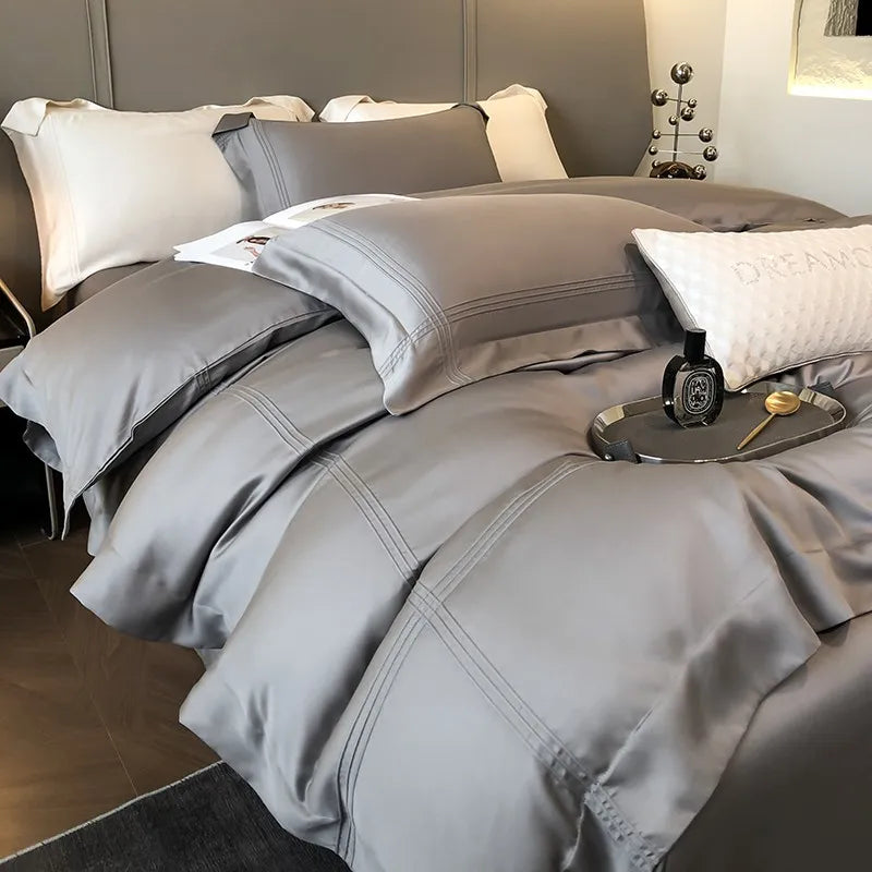 Solid Grey Linens Frame Duvet Cover with Zipper Ties 4Pcs 600TC Eucalyptus Lyocell Soft Cooling Quilt cover Bed Sheet Pillowcase