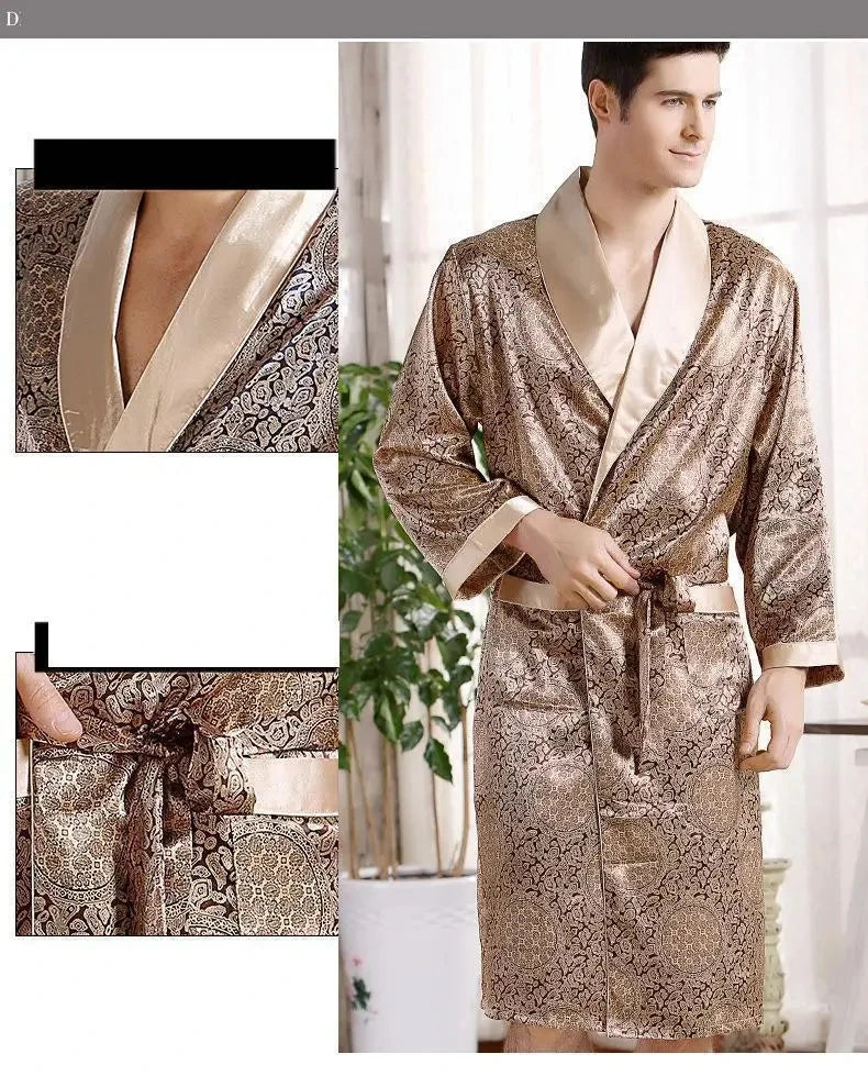 Men Bath Robe Satin Print Gold Kimono Bathrobe Silk Long Dressing Gown Plus Size Sleepwear Geometric Lounge Nightgown XL 4XL 5XL