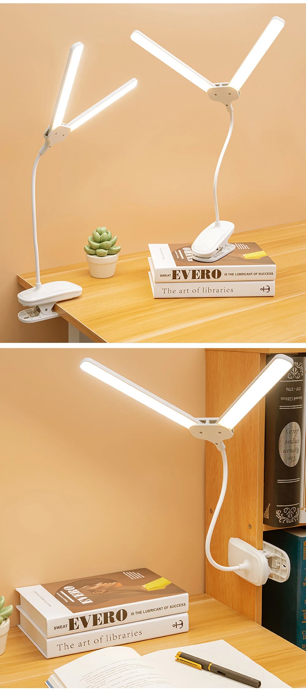 Battery Clip Lamp Double Head Desk Lamp LED Rechargeable Bedside Night Ligh 360° Flexible Clip Lamp Adjustable Table Lamp