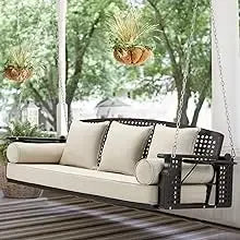 Swing Sets for Backyard with 3-Seat, Adjustable Canopy, Thickened Cushions,Pillows & Cup Holders, Outdoor Swing