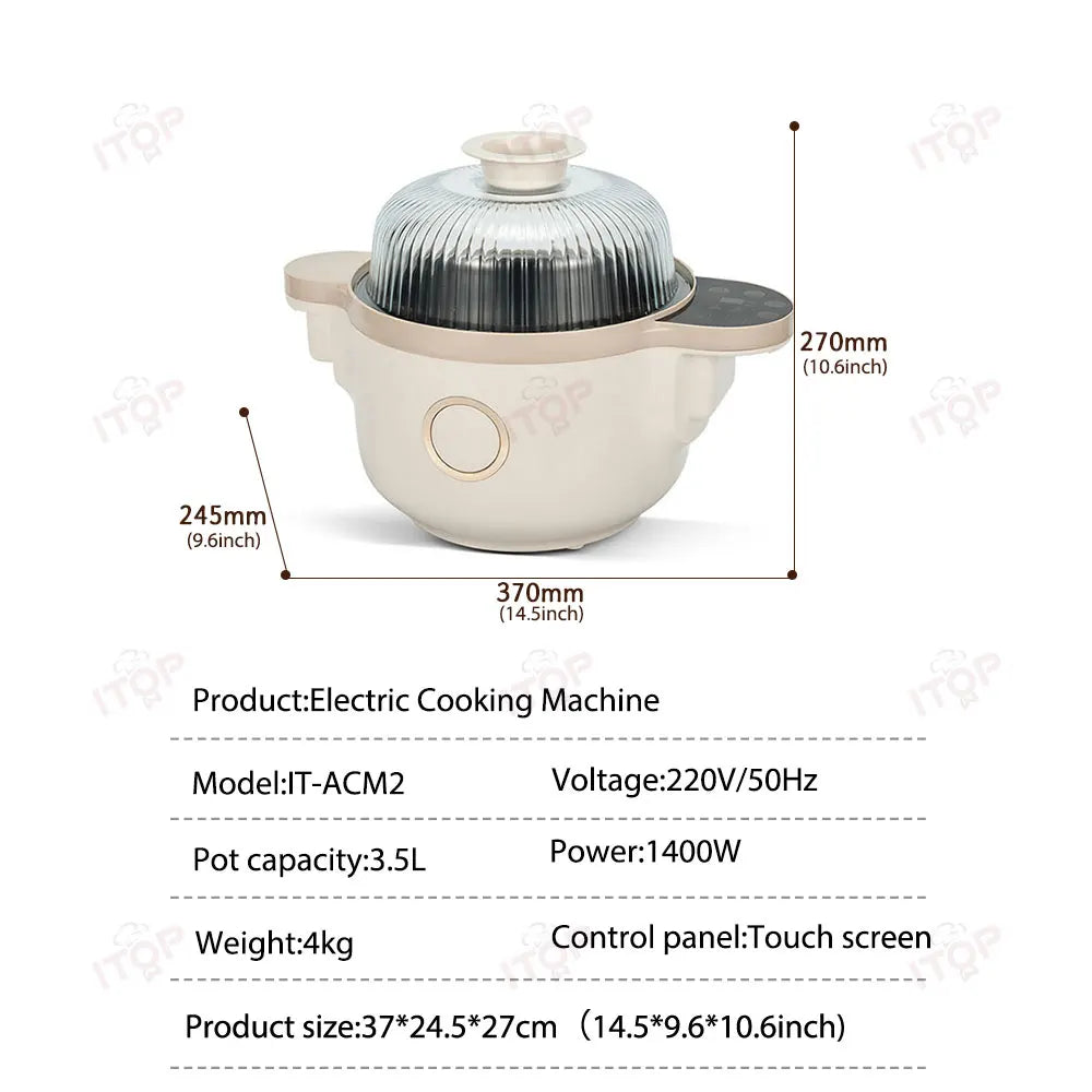 Household Stir Fry Machine 3.5L 1400W Multi Function Steamer, Frying Pan, Hotpot, Wok 360° Stir Touch Colour Screen Food Coating