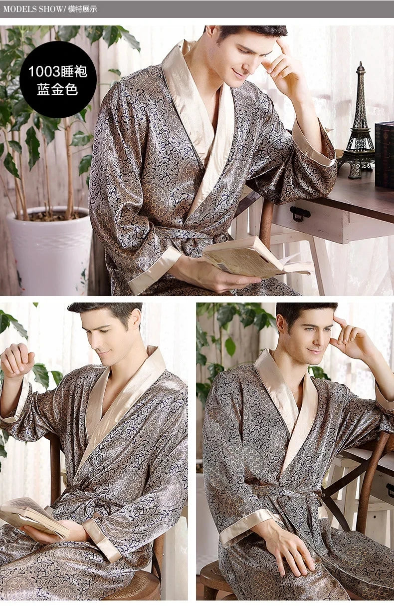 Men Bath Robe Satin Print Gold Kimono Bathrobe Silk Long Dressing Gown Plus Size Sleepwear Geometric Lounge Nightgown XL 4XL 5XL