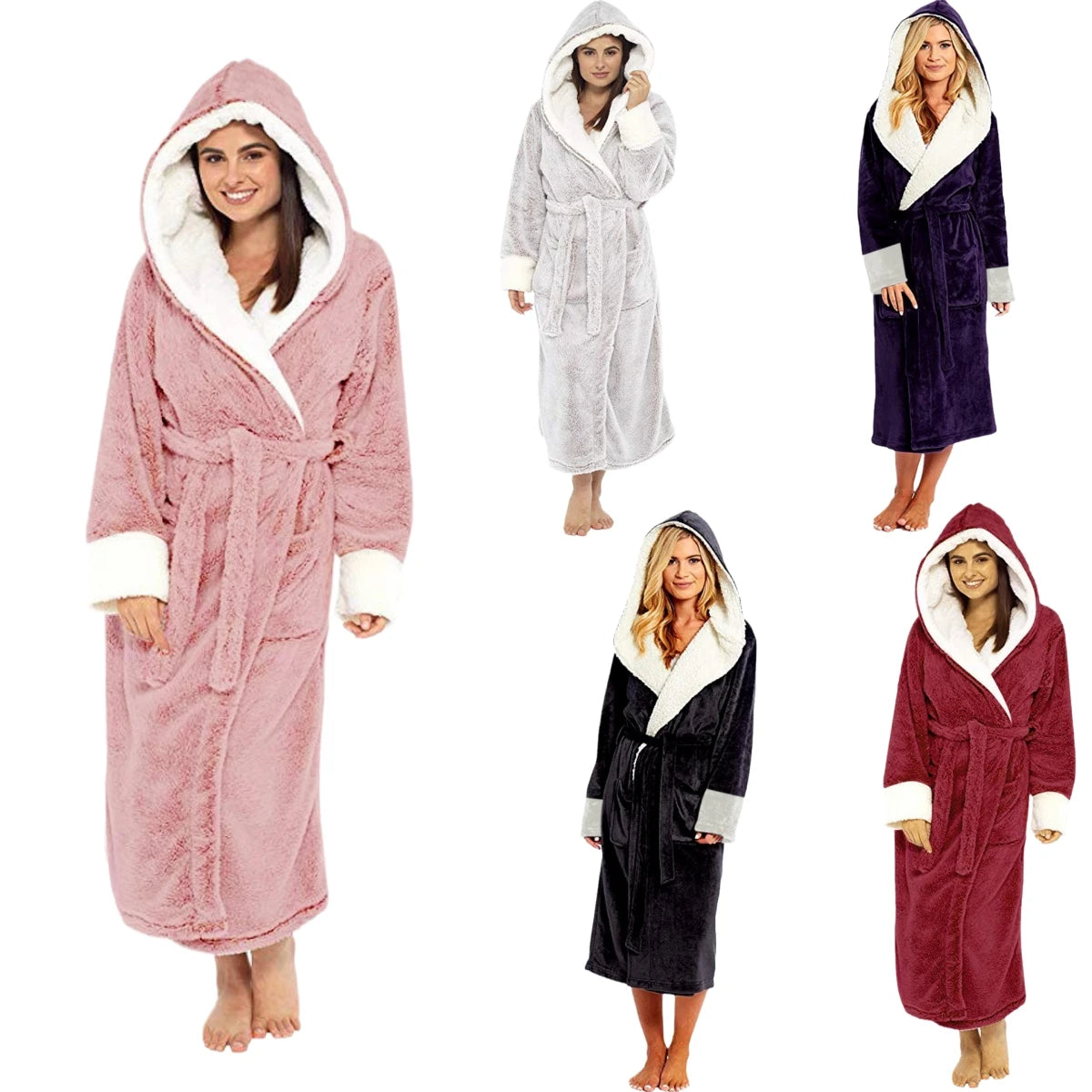 Women'S Long Bathrobe Soft Comfortable Flannel Nightgown With Belt Autumn And Winter Solid Color Fleece Hooded Bathrobe 2024