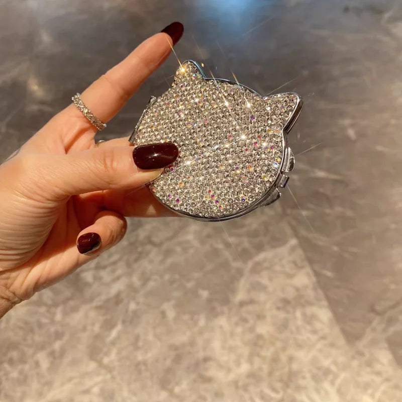 Luxury cosmetic mirror artificially diamond-encrusted cat folding HD double-sided mini portable