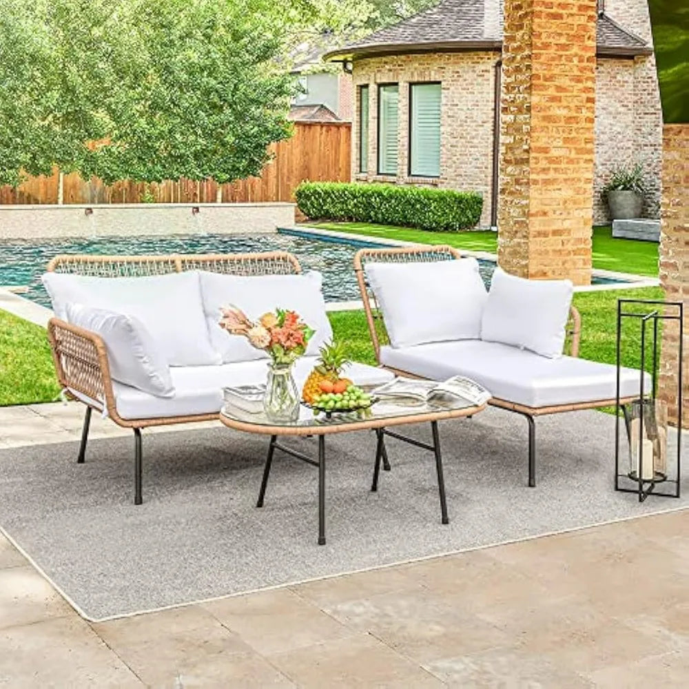 Outdoor Patio Furniture Set, Outdoor Sectional Conversation Rope Woven L-Shaped Sofa Sets with Patio Table and Thick Cushions