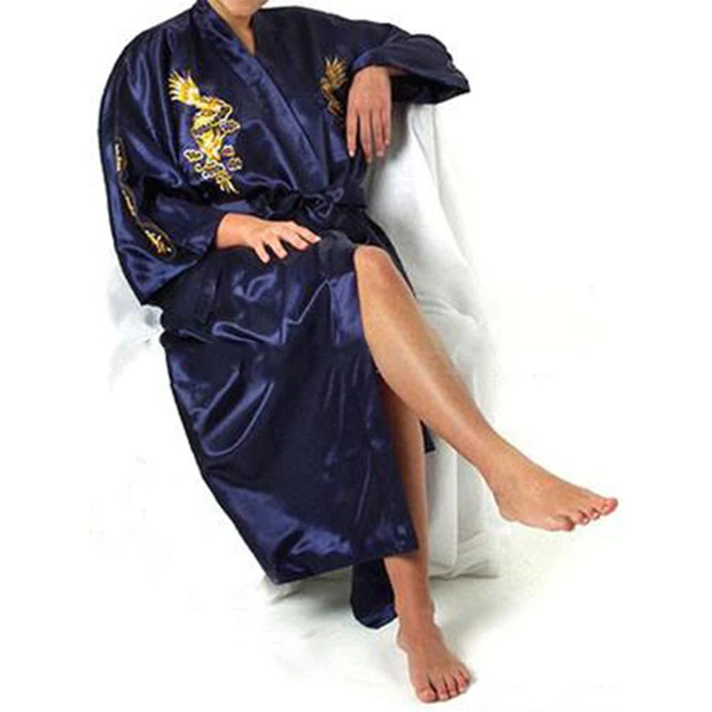 Satin Sleepwear Gown for Men, Chinese Dragon Design, Silk Kimono Bathrobe, M 2XL, Available in Multiple Colors