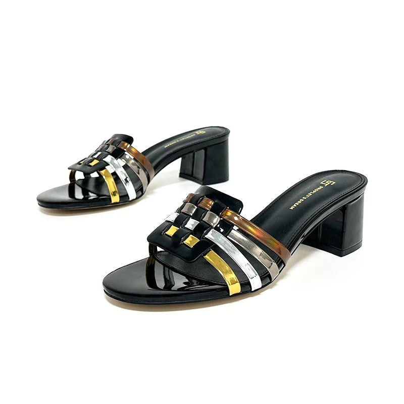 Women’s Multi-Season Patent Leather Slippers – Checkered Mid-Heel Design for Versatile Occasions