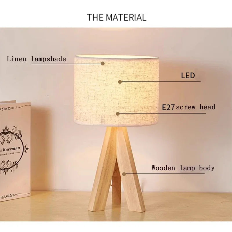 Nordic Wood Table Lamp E27 Blub Fabric Lampshade Desktop For Bedroom Study Book Shop Living Room LED Decorative LIghting Fixture