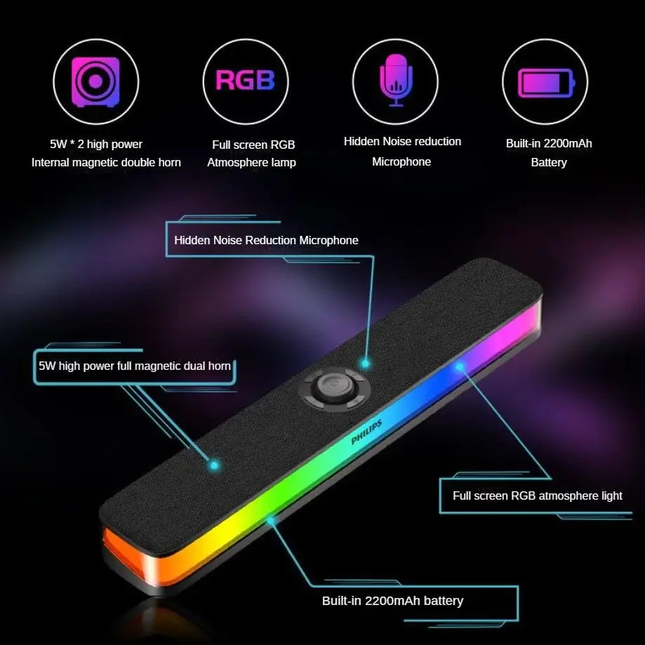 SPA6109 Portable Full-screen Lighting RGB Esports Sound Bar Built-in Hidden Noise Reduction Microphone Stereo Bluetooth Speakers