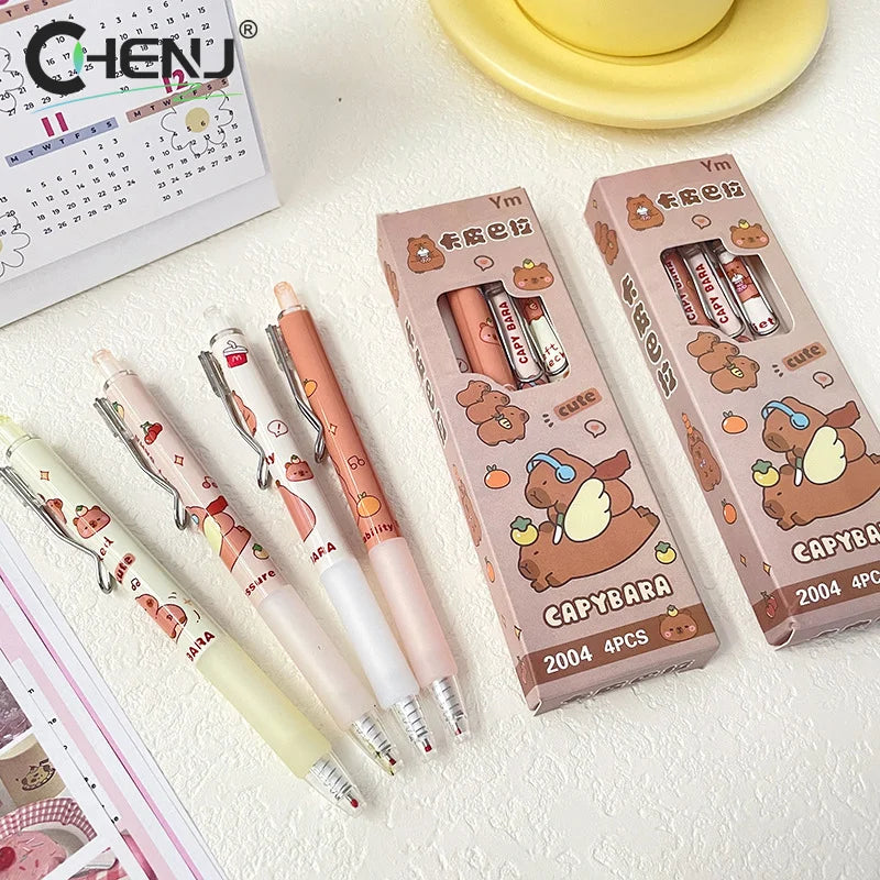 4Pcs Kawaii Cartoon Capybara Neutral Pens School Office Supplies Aesthetic Stationery Gifts Students Cute Ballpoint Pens