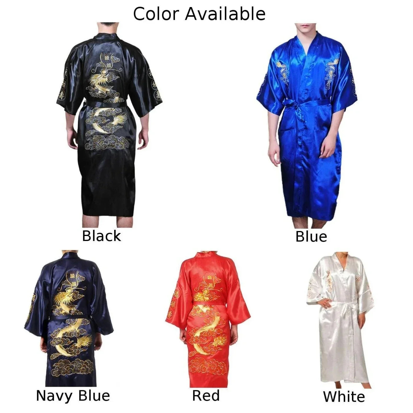 Silk Kimono Bathrobe, Chinese Dragon Design, Men's Sleepwear Gown, Satin Fabric, Navy Blue/Red/White/Black/Blue