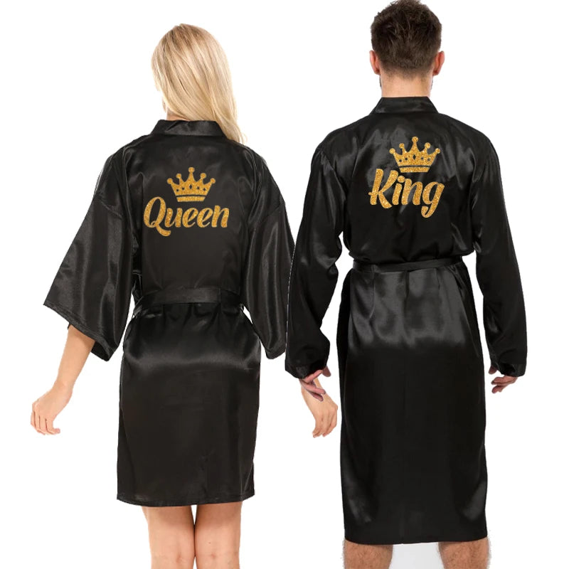 King queen glitter writing men women robe satin crown design honeymoon couple queen kimono robes