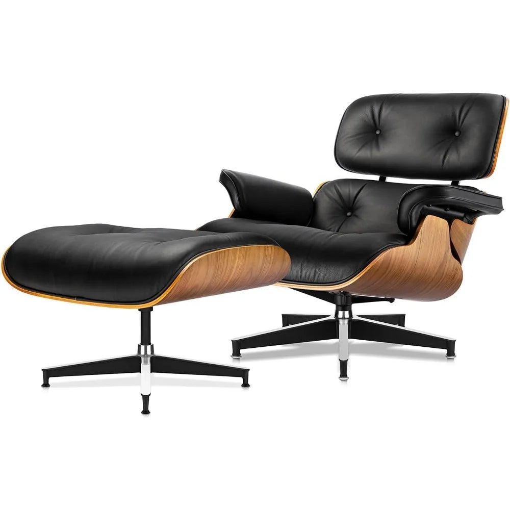 Modern Genuine Leather Chaise Lounge Chair with Ottoman