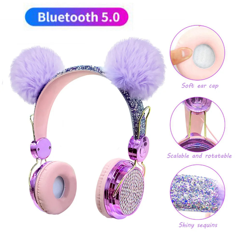 Bling Girl Kid Bluetooth Wireless Headphone With Microphone Luxury Glitter Cute Hairball Music Helmet Wired Phone Headset Gift