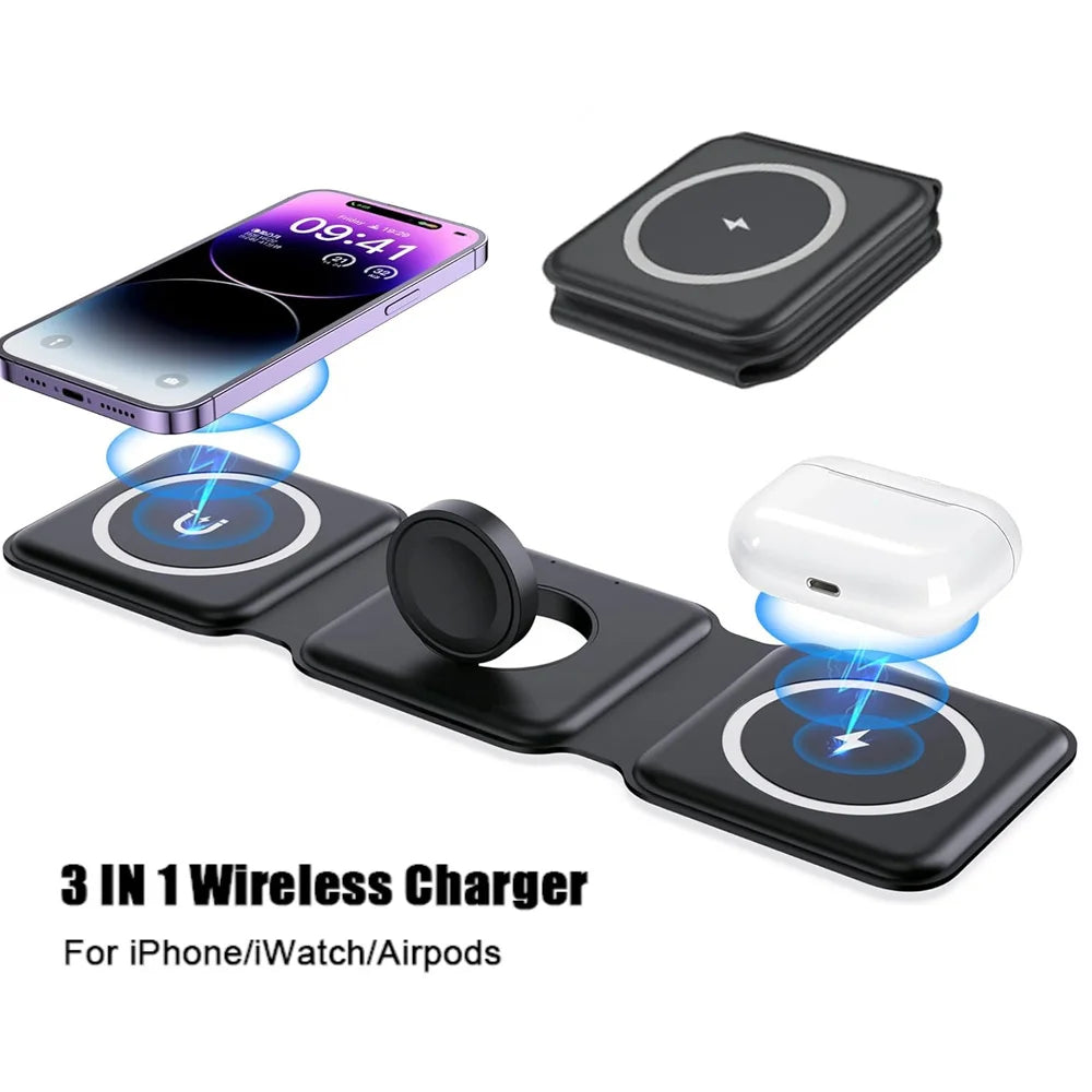 100W 3 in 1 Magnetic Wireless Charger Pad Stand for iPhone 15 14 13 12Pro Max Airpods iWatch Fast Wireless Charging Dock Station