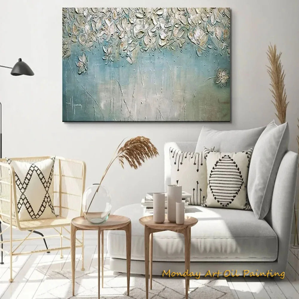 Handnade 3d Knife Oil Painting Textured Wild Flower Large Blue White Abstract Home Accent Piece Hotel Wall Statement Decor