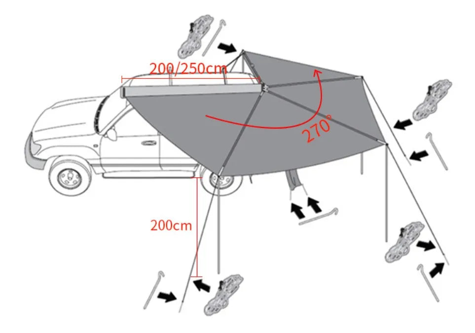 Outdoor self-driving five-angle 270-degree awning with cloth on the top side and double-axis fan-shaped tent with curtain a