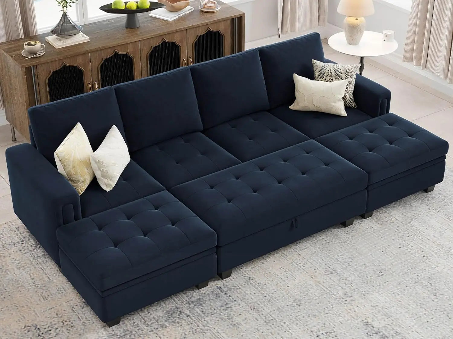 Velvet Convertible 4-Seat Sectional Sleeper Sofa with Storage Ottoman