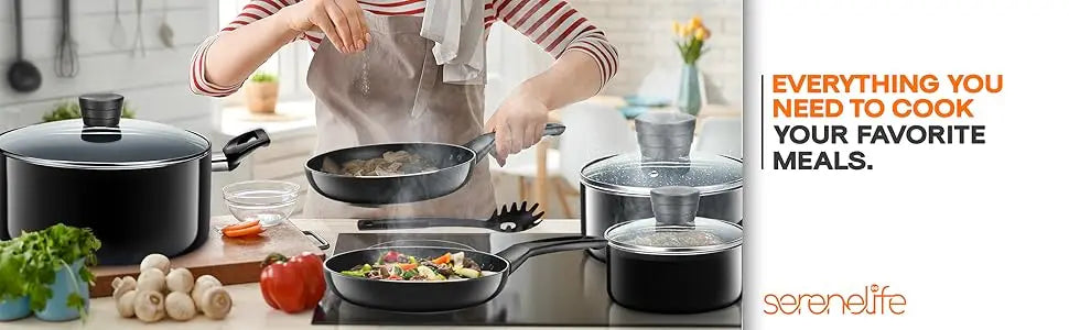 Kitchenware Pots & Pans Basic Kitchen Cookware, Black Non-Stick Coating Inside, Heat Resistant Lacquer (11-Piece Set), One Size