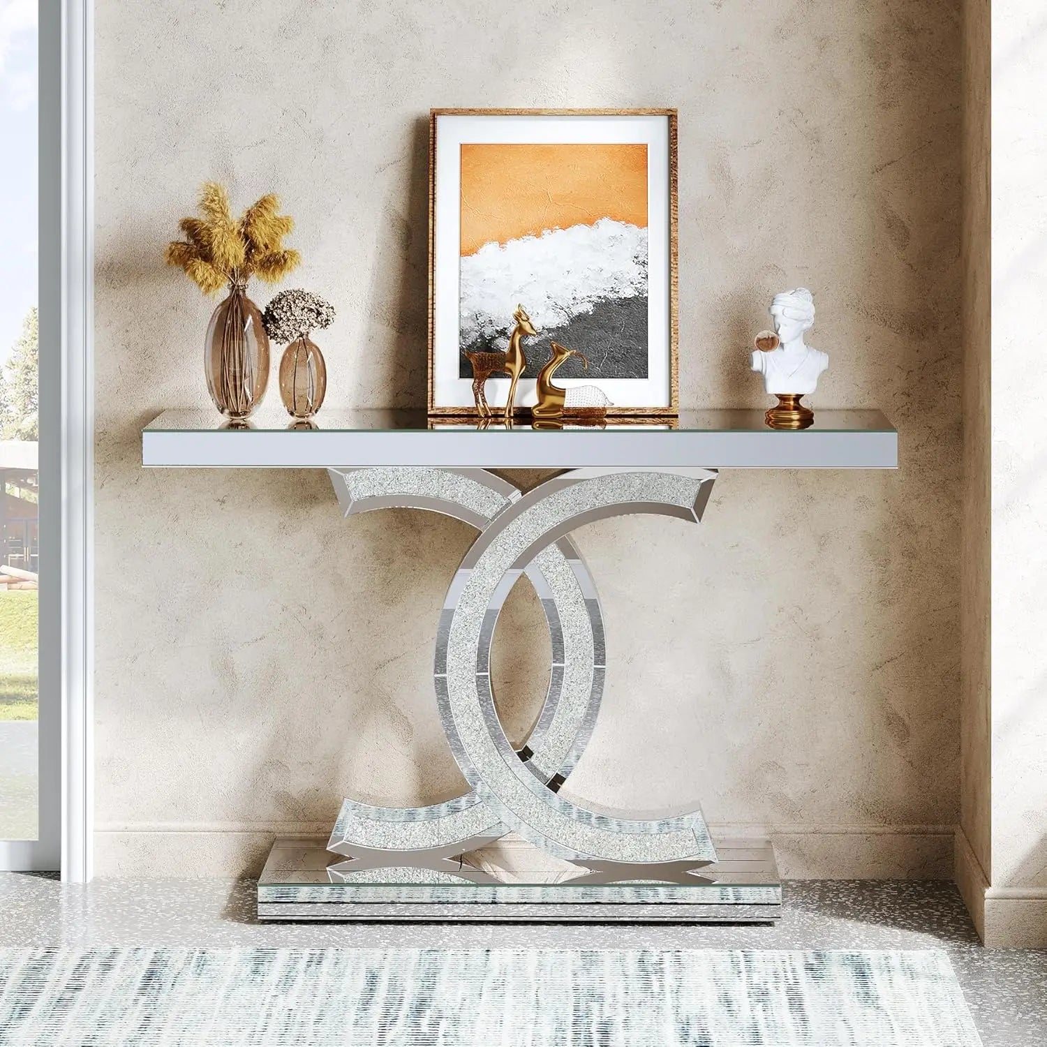 Mirrored Console Table with Crystal Inlays – Modern Silver Entryway Table