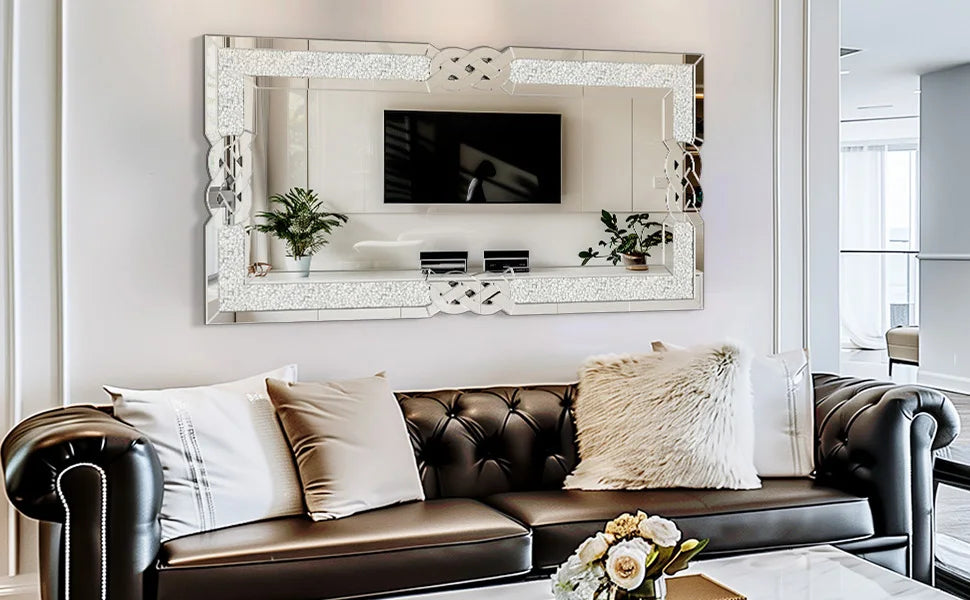 Rectangular Wall Mirror Crystal Crush Diamond Decor 47.2”x23.6” Luxury Shine Silver Mirror for Living Room, Bedroom,Hallway