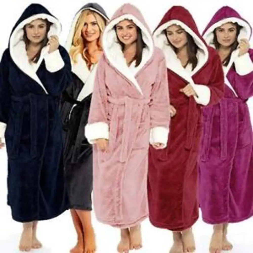 Women'S Long Bathrobe Soft Comfortable Flannel Nightgown With Belt Autumn And Winter Solid Color Fleece Hooded Bathrobe 2024