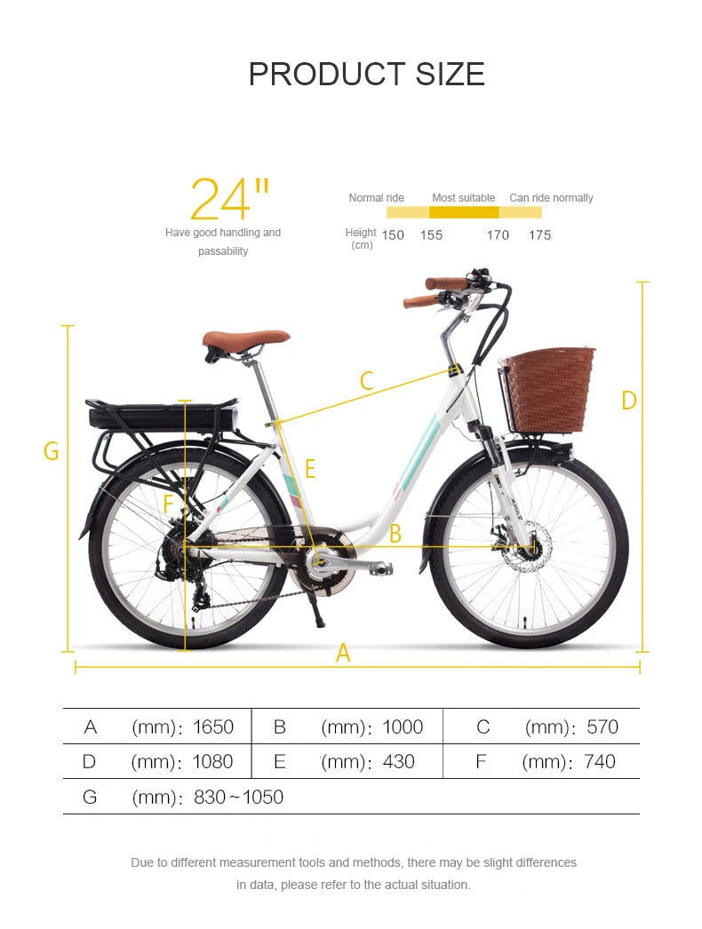 24 inch urban electric bicycle princess frame detachable lithium battery 400W assist electric bicycle city ebike