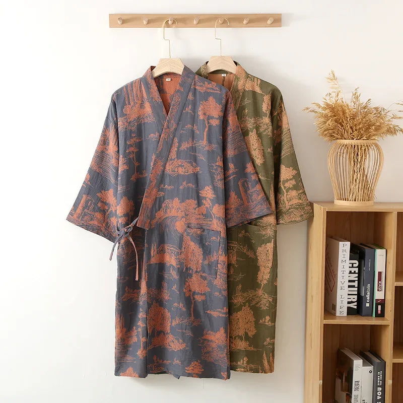 Blue Green Colors Printed Robe for Men Cotton Kimono Men Bathrobe for Spring and Summer Autumn Cotton Long Style Men Kimono Robe