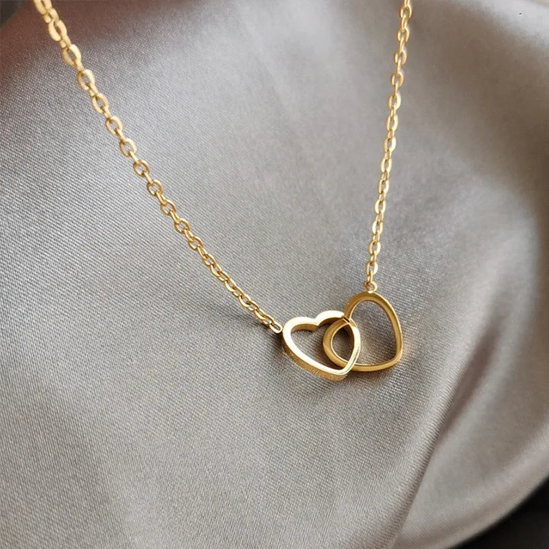 Simple Double Heart Pendant Necklace for Women Couple Zinc Alloy Choker Gold Color Chain Wedding Party Friends Jewelry Gift