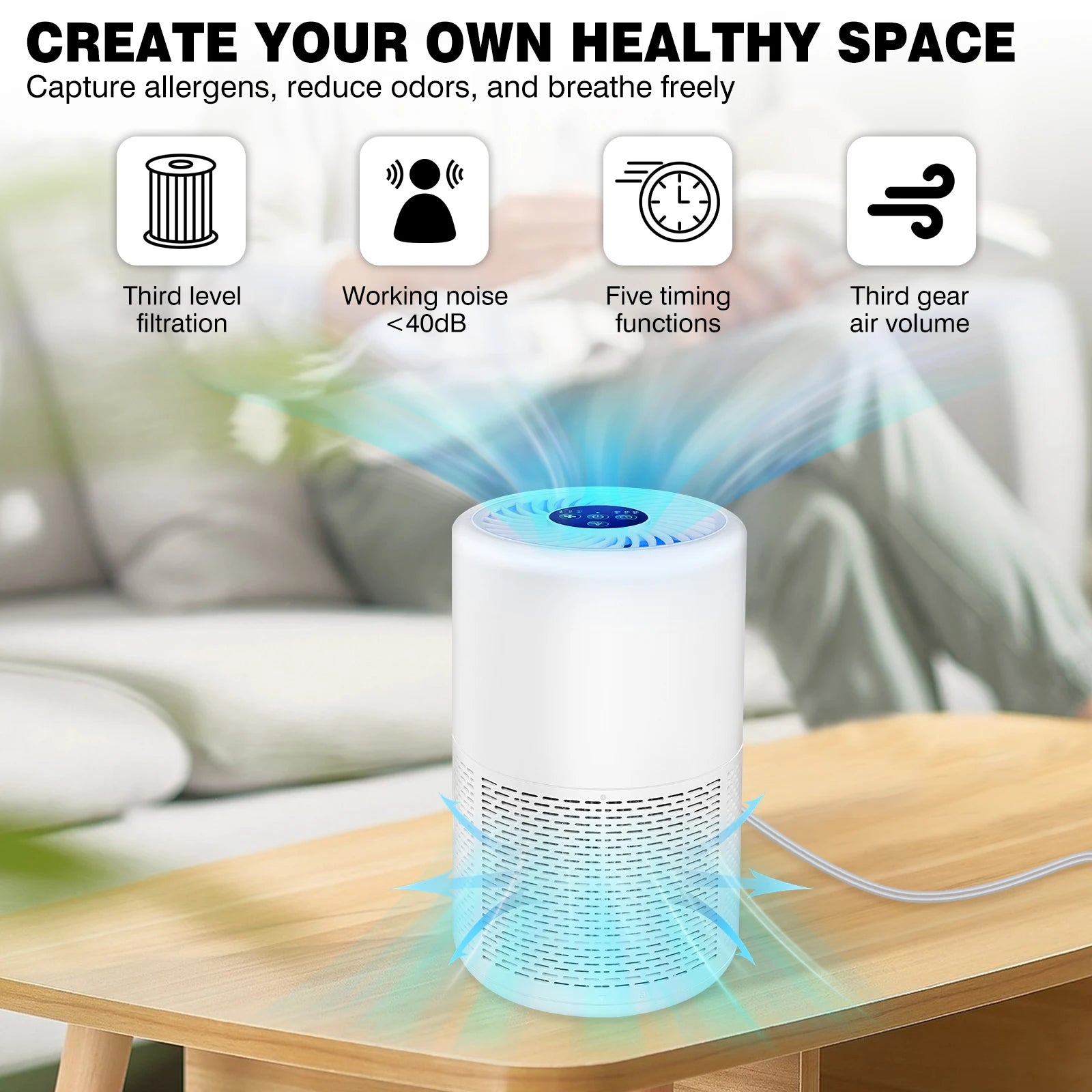 PRO. Air Purifier for Home, Allergies and Pets Hair, Smokers, H13 True HEPA Filter Removes 99.97% of Pollutants, Low Noise