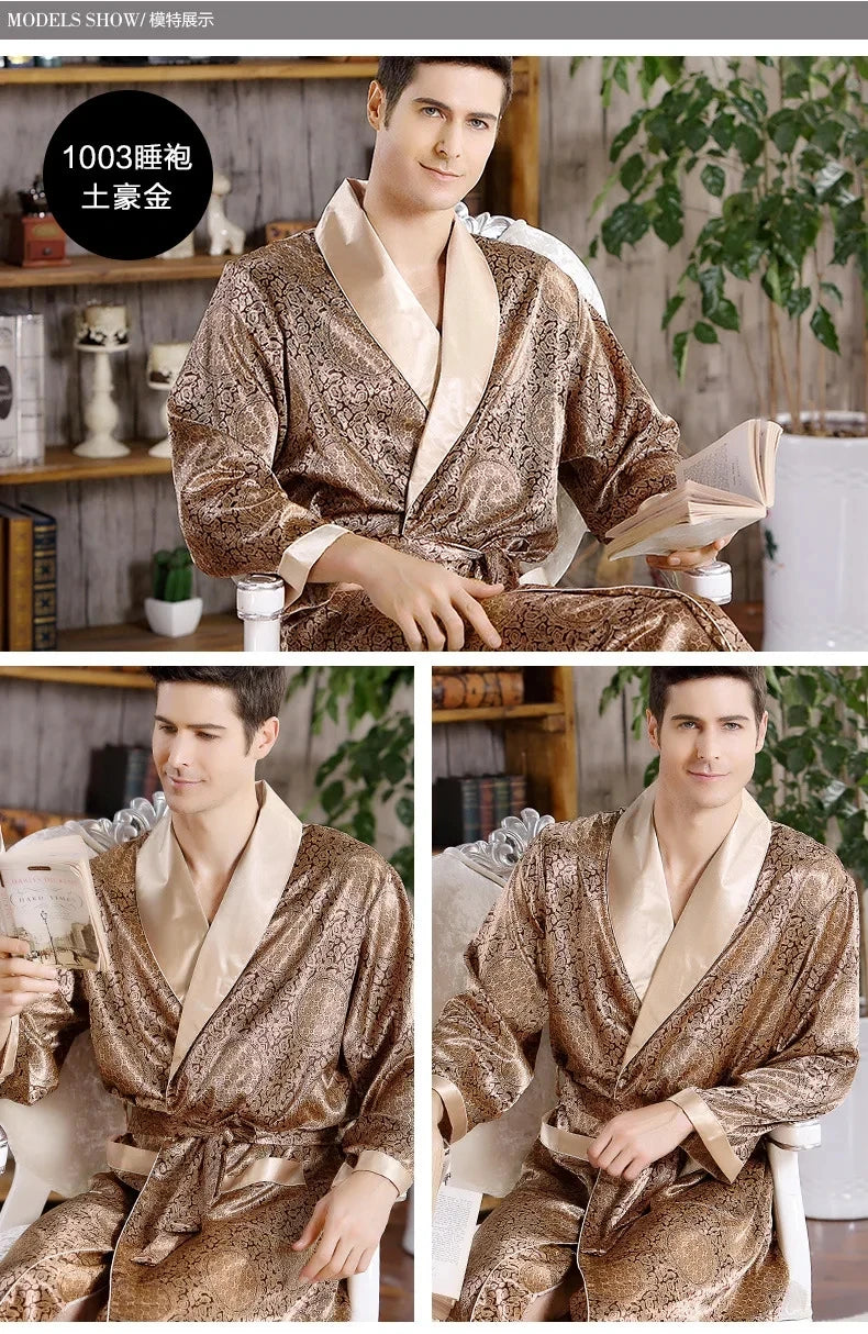 Men Bath Robe Satin Print Gold Kimono Bathrobe Silk Long Dressing Gown Plus Size Sleepwear Geometric Lounge Nightgown XL 4XL 5XL